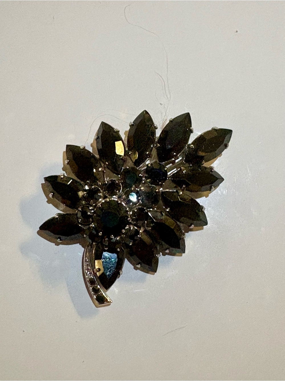 Vintage Jet Black Rhinestone Cluster Brooch • Layered Marquise Floral Pin